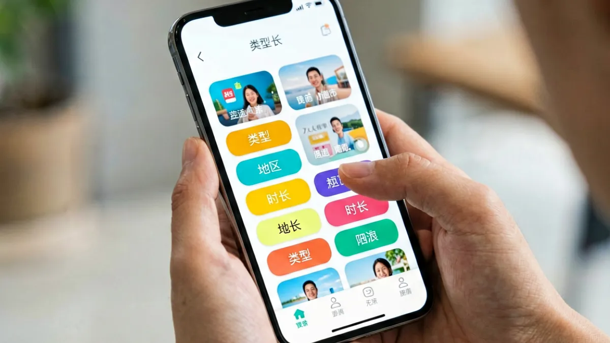 移动端手机屏幕上展示 www.狠狠爱 平台的分类筛选界面，多个标签并排显示，用户手指正在点击筛选条件