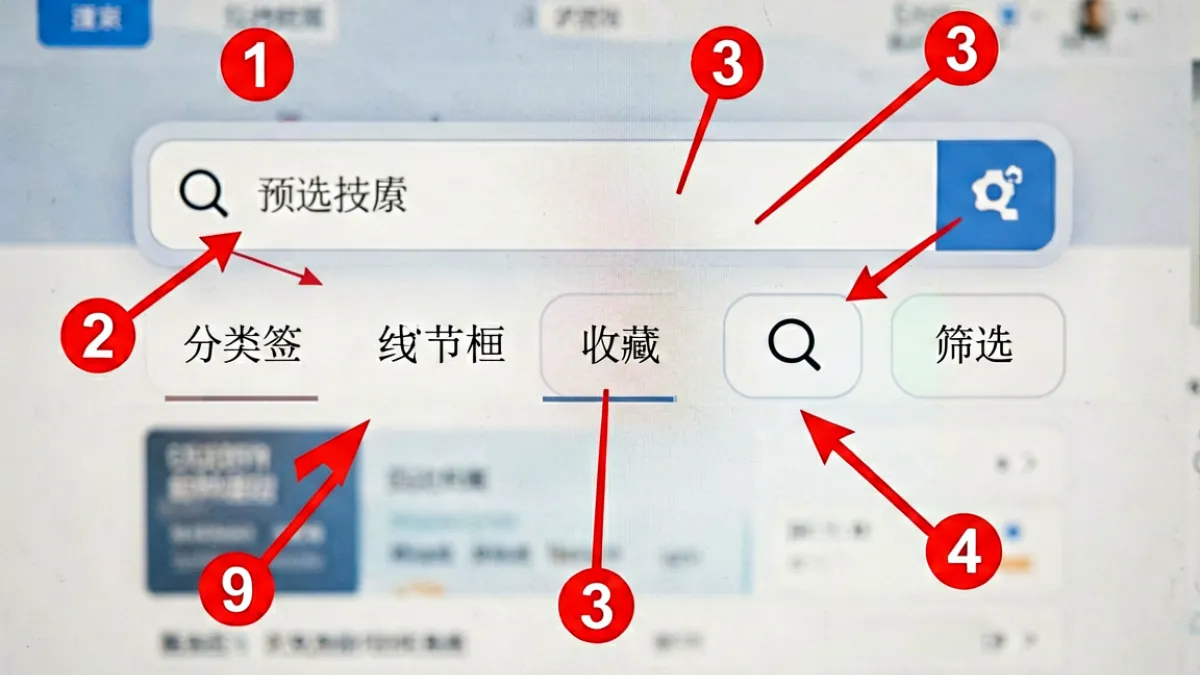 www.狠狠爱平台功能导航区域详细示意，标注了搜索框、分类筛选、收藏按钮等核心操作入口的位置